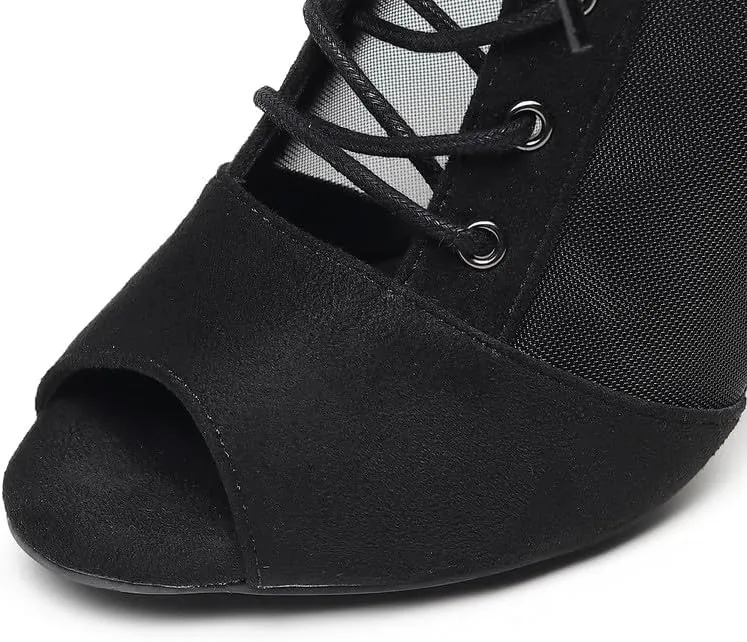 JUODVMP Women's Dance Boots Breathable Mesh Ballroom Salsa Ankle Dance Heels Model 7255