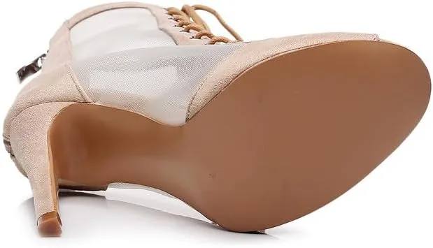 JUODVMP Women's Dance Boots Breathable Mesh Ballroom Salsa Ankle Dance Heels Model 7255
