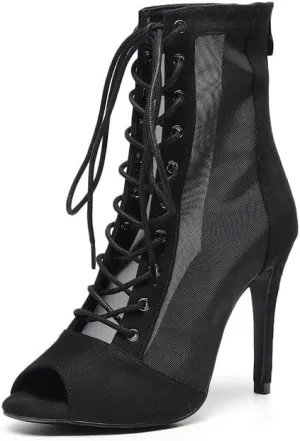 JUODVMP Women's Dance Boots Breathable Mesh Ballroom Salsa Ankle Dance Heels Model 7255