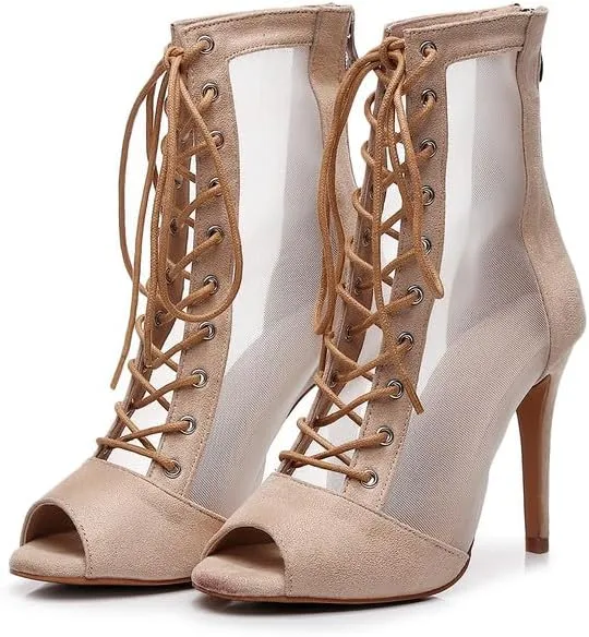 JUODVMP Women's Dance Boots Breathable Mesh Ballroom Salsa Ankle Dance Heels Model 7255