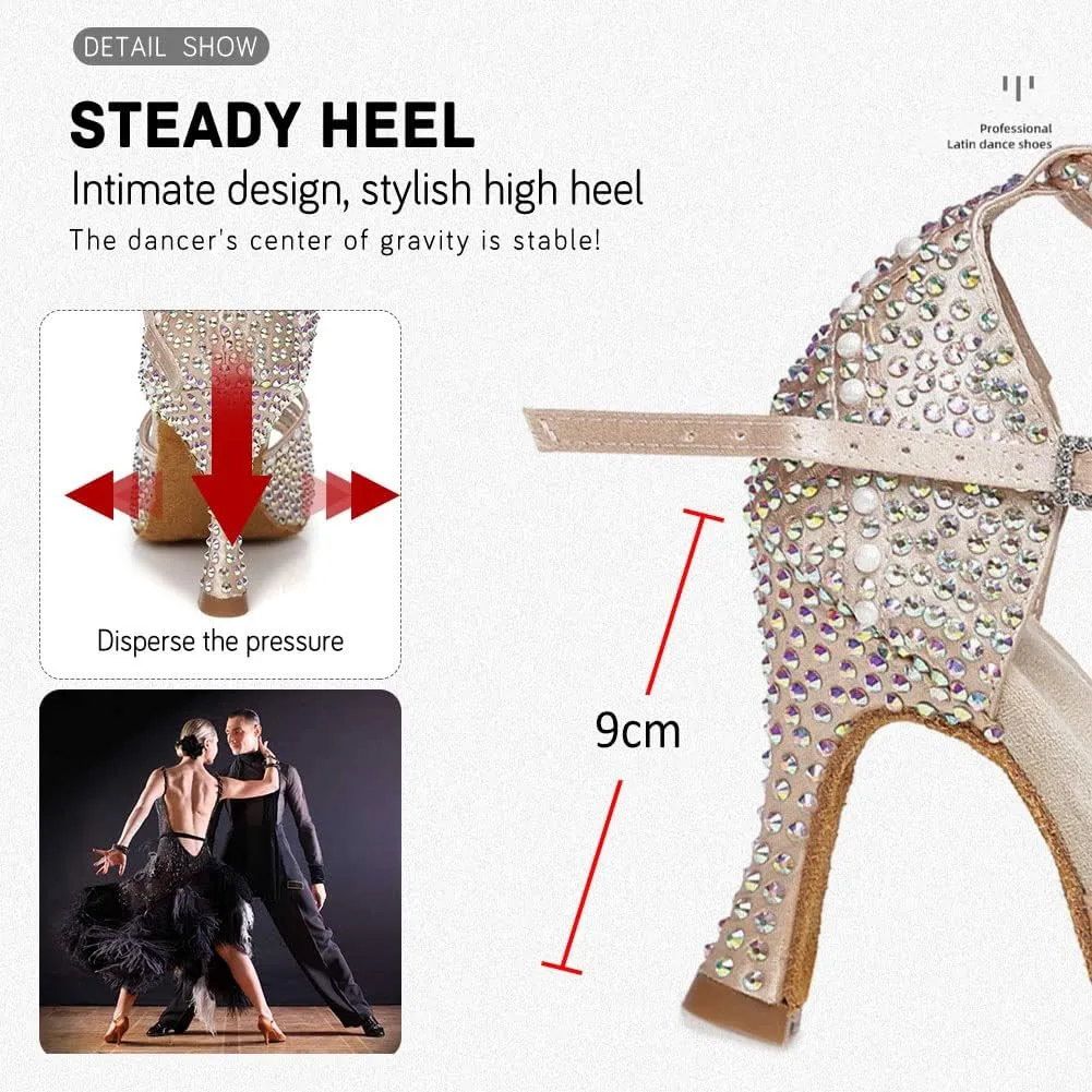 JUODVMP Women's Latin Dance Shoes Rhinestones Satin Ballroom Dancing Shoes Salsa Professional Dance Shoes