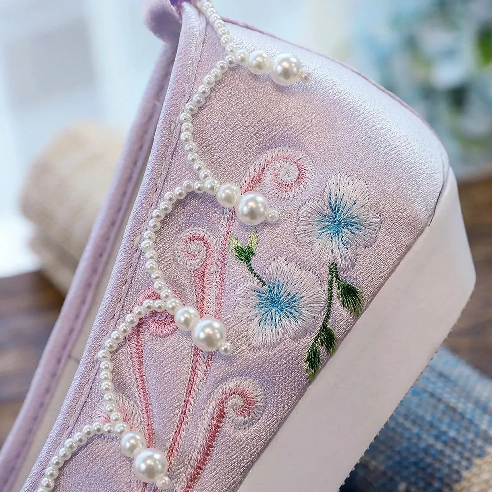 JYHBHMZG Pearls Embroidered Autumn Winter Women Cotton Fabric Platform Flats Elegant Ladies Creepers Shoes