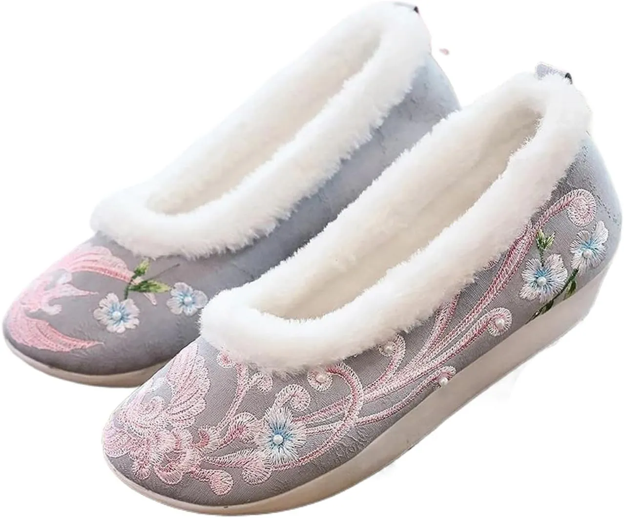JYHBHMZG Pearls Embroidered Autumn Winter Women Cotton Fabric Platform Flats Elegant Ladies Creepers Shoes