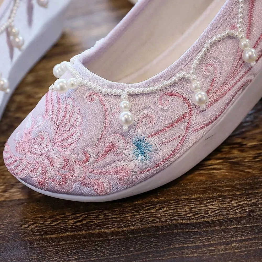 JYHBHMZG Pearls Embroidered Autumn Winter Women Cotton Fabric Platform Flats Elegant Ladies Creepers Shoes