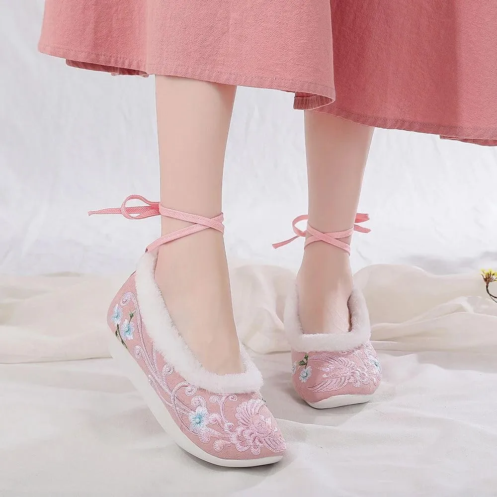 JYHBHMZG Pearls Embroidered Autumn Winter Women Cotton Fabric Platform Flats Elegant Ladies Creepers Shoes