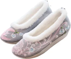 JYHBHMZG Pearls Embroidered Autumn Winter Women Cotton Fabric Platform Flats Elegant Ladies Creepers Shoes