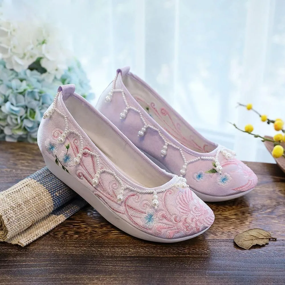 JYHBHMZG Pearls Embroidered Autumn Winter Women Cotton Fabric Platform Flats Elegant Ladies Creepers Shoes