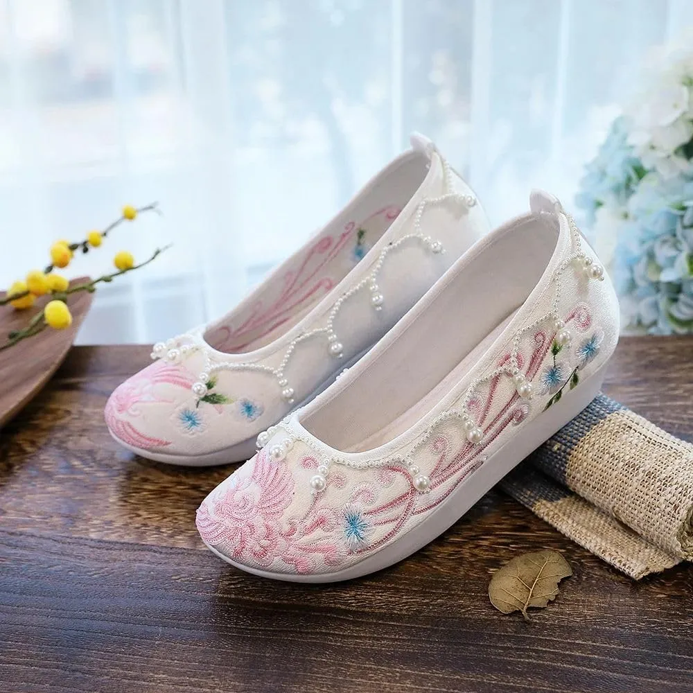 JYHBHMZG Pearls Embroidered Autumn Winter Women Cotton Fabric Platform Flats Elegant Ladies Creepers Shoes