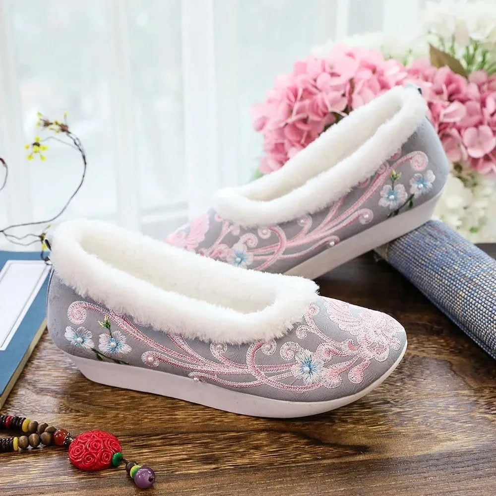JYHBHMZG Pearls Embroidered Autumn Winter Women Cotton Fabric Platform Flats Elegant Ladies Creepers Shoes