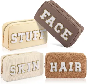 Kajaia 4 Pcs Preppy Makeup Bags Chenille Letter Stuff Bag Cute Cosmetic Pouch Cases for Women Trave Toiletry spend the night(Beige, Brown, Milk White, Coffee,Fresh)