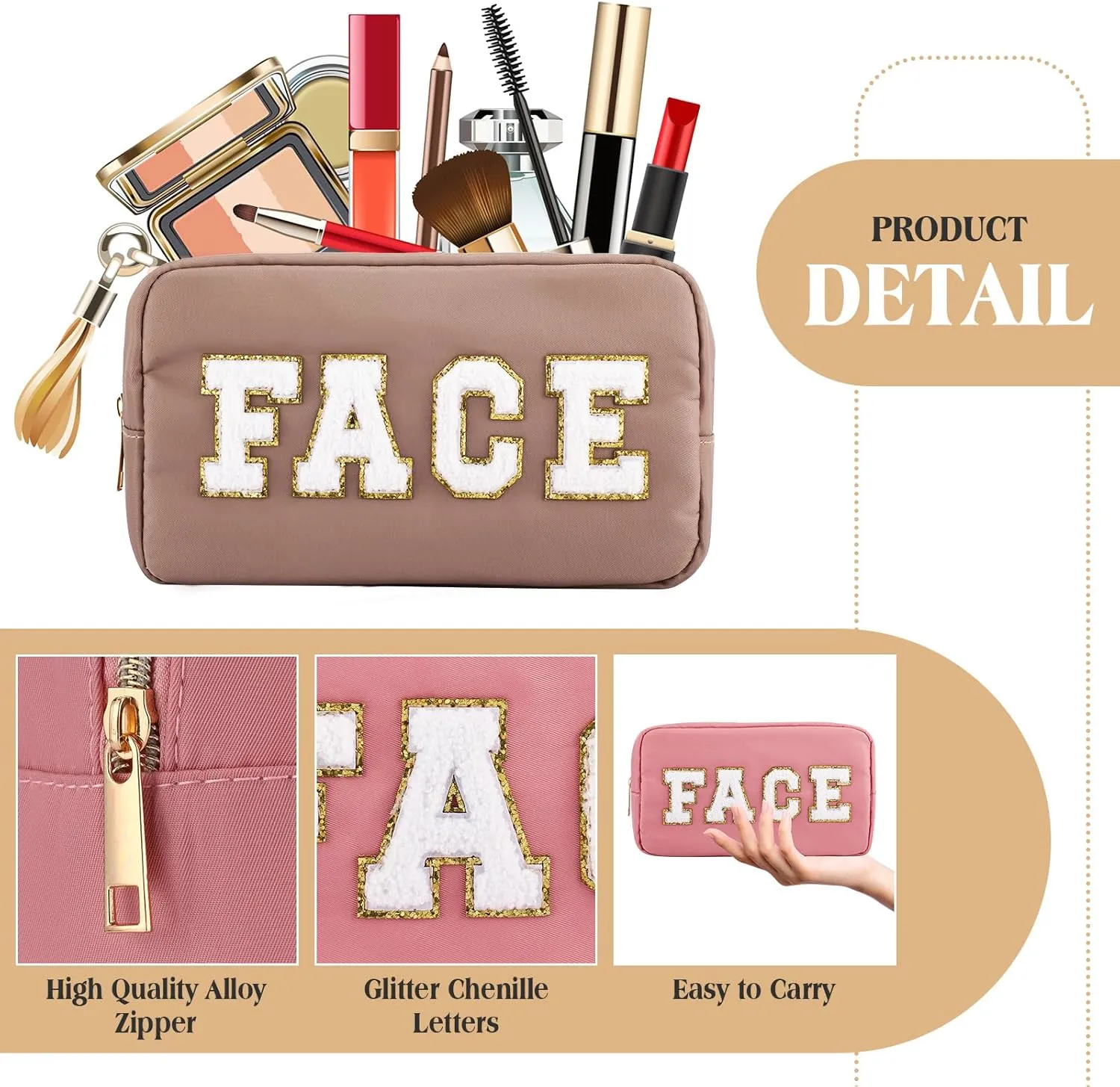 Kajaia 4 Pcs Preppy Makeup Bags Chenille Letter Stuff Bag Cute Cosmetic Pouch Cases for Women Trave Toiletry spend the night(Beige, Brown, Milk White, Coffee,Fresh)