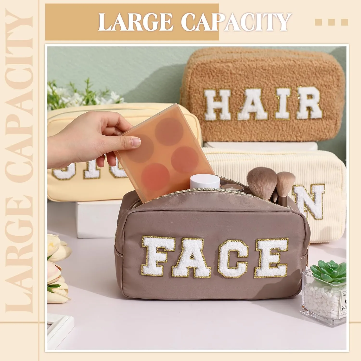 Kajaia 4 Pcs Preppy Makeup Bags Chenille Letter Stuff Bag Cute Cosmetic Pouch Cases for Women Trave Toiletry spend the night(Beige, Brown, Milk White, Coffee,Fresh)