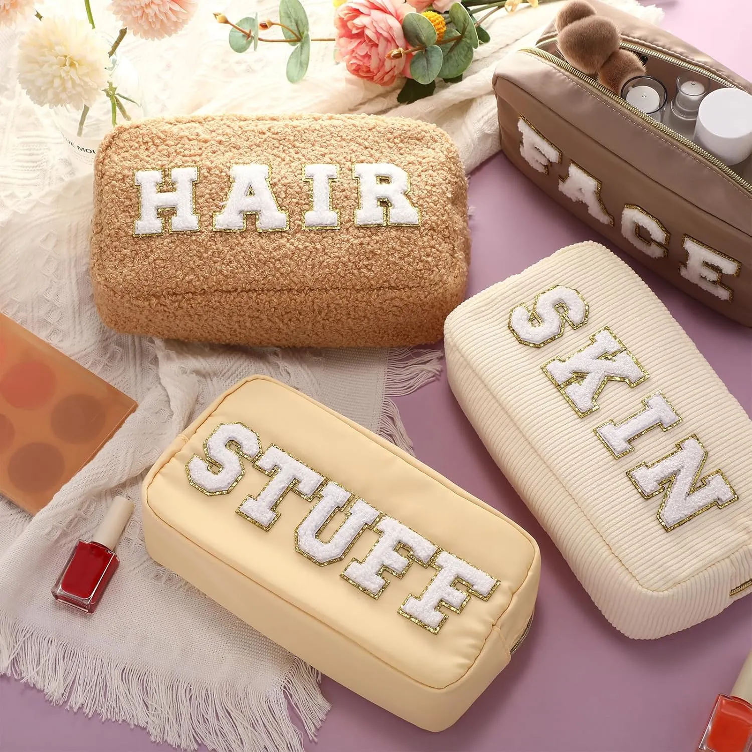 Kajaia 4 Pcs Preppy Makeup Bags Chenille Letter Stuff Bag Cute Cosmetic Pouch Cases for Women Trave Toiletry spend the night(Beige, Brown, Milk White, Coffee,Fresh)