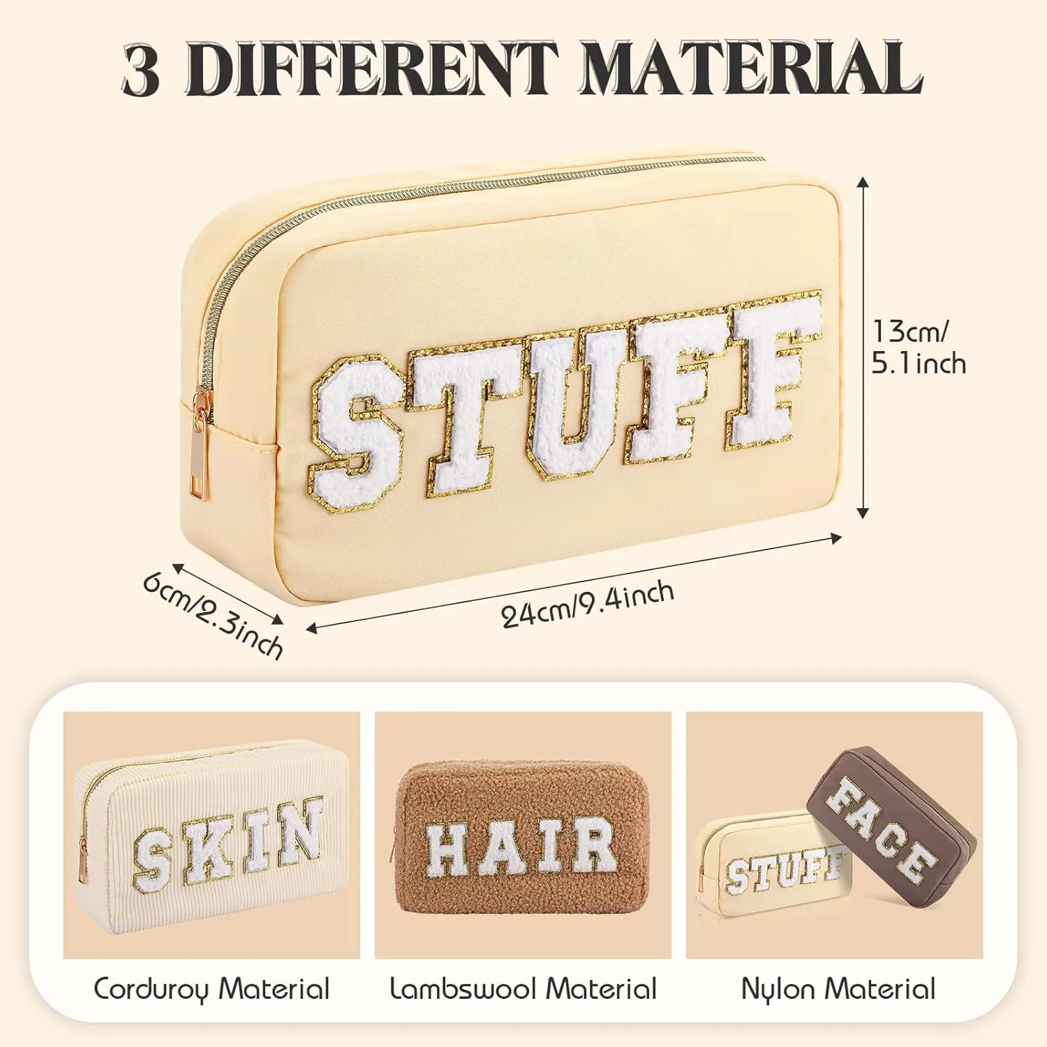 Kajaia 4 Pcs Preppy Makeup Bags Chenille Letter Stuff Bag Cute Cosmetic Pouch Cases for Women Trave Toiletry spend the night(Beige, Brown, Milk White, Coffee,Fresh)
