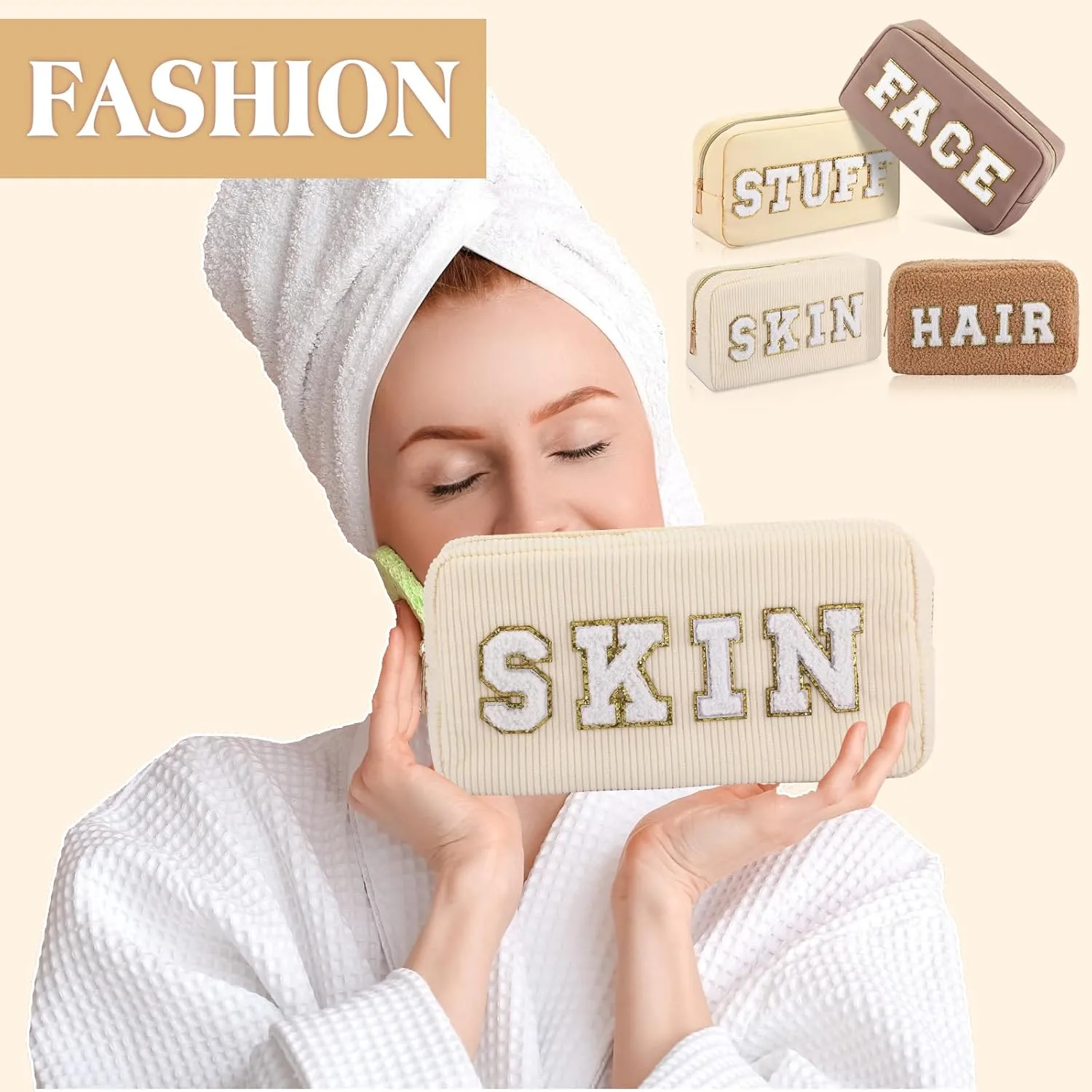 Kajaia 4 Pcs Preppy Makeup Bags Chenille Letter Stuff Bag Cute Cosmetic Pouch Cases for Women Trave Toiletry spend the night(Beige, Brown, Milk White, Coffee,Fresh)