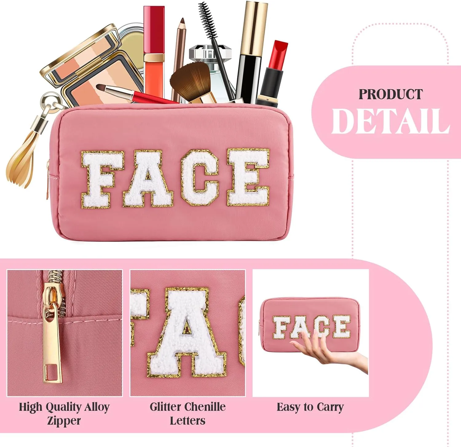 Kajaia 4 Pcs Preppy Makeup Bags Chenille Letter Stuff Bag Cute Cosmetic Pouch Cases for Women Trave Toiletry spend the night(Beige, Powder, Milk White, Pink,Grace)