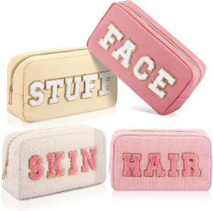 Kajaia 4 Pcs Preppy Makeup Bags Chenille Letter Stuff Bag Cute Cosmetic Pouch Cases for Women Trave Toiletry spend the night(Beige, Powder, Milk White, Pink,Grace)