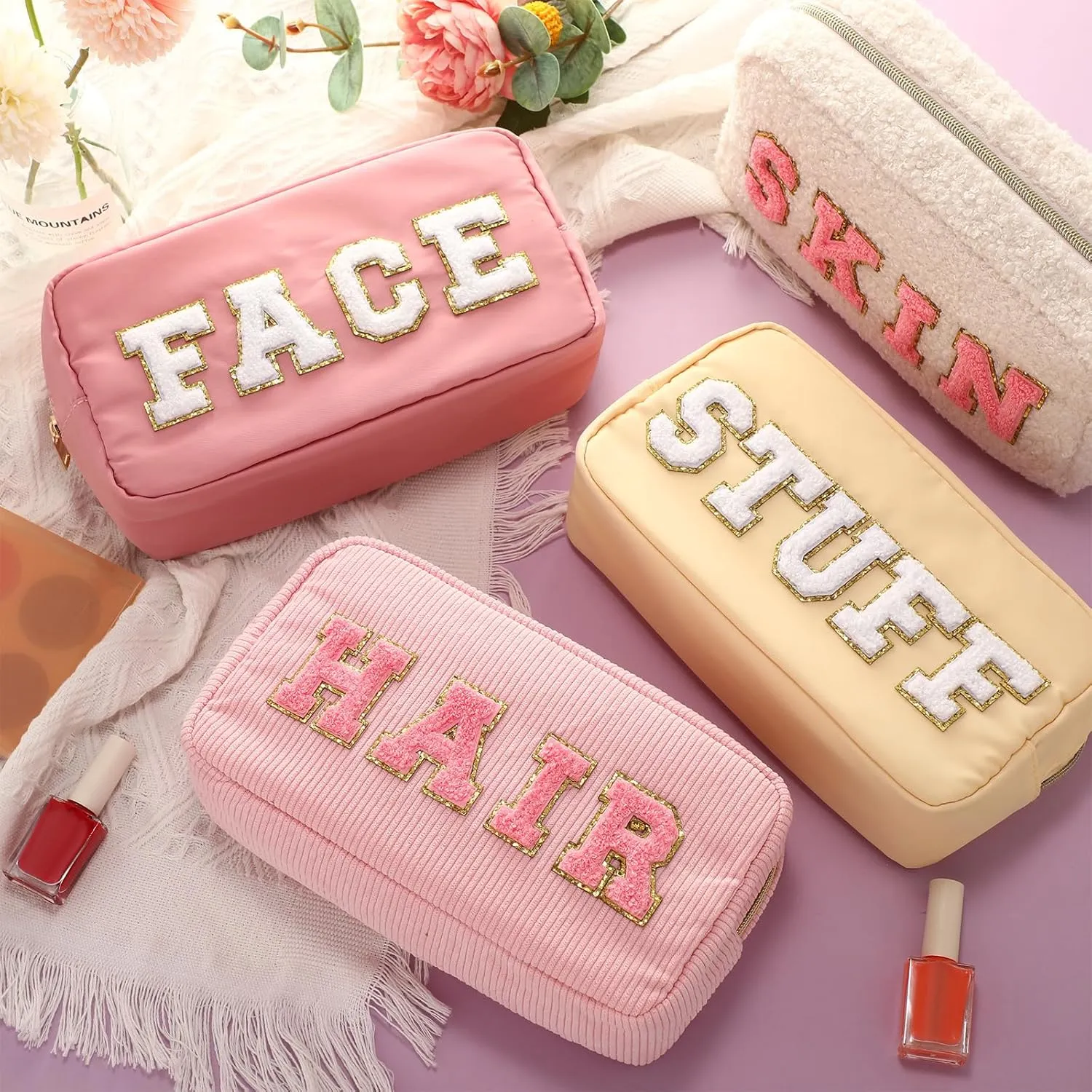 Kajaia 4 Pcs Preppy Makeup Bags Chenille Letter Stuff Bag Cute Cosmetic Pouch Cases for Women Trave Toiletry spend the night(Beige, Powder, Milk White, Pink,Grace)