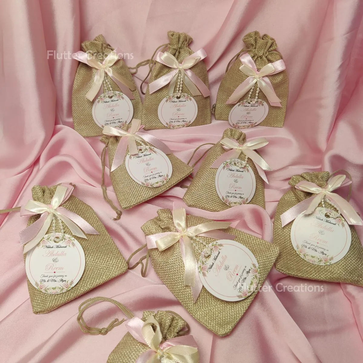Khaki Jute Pouch with two Ribbons & Tag