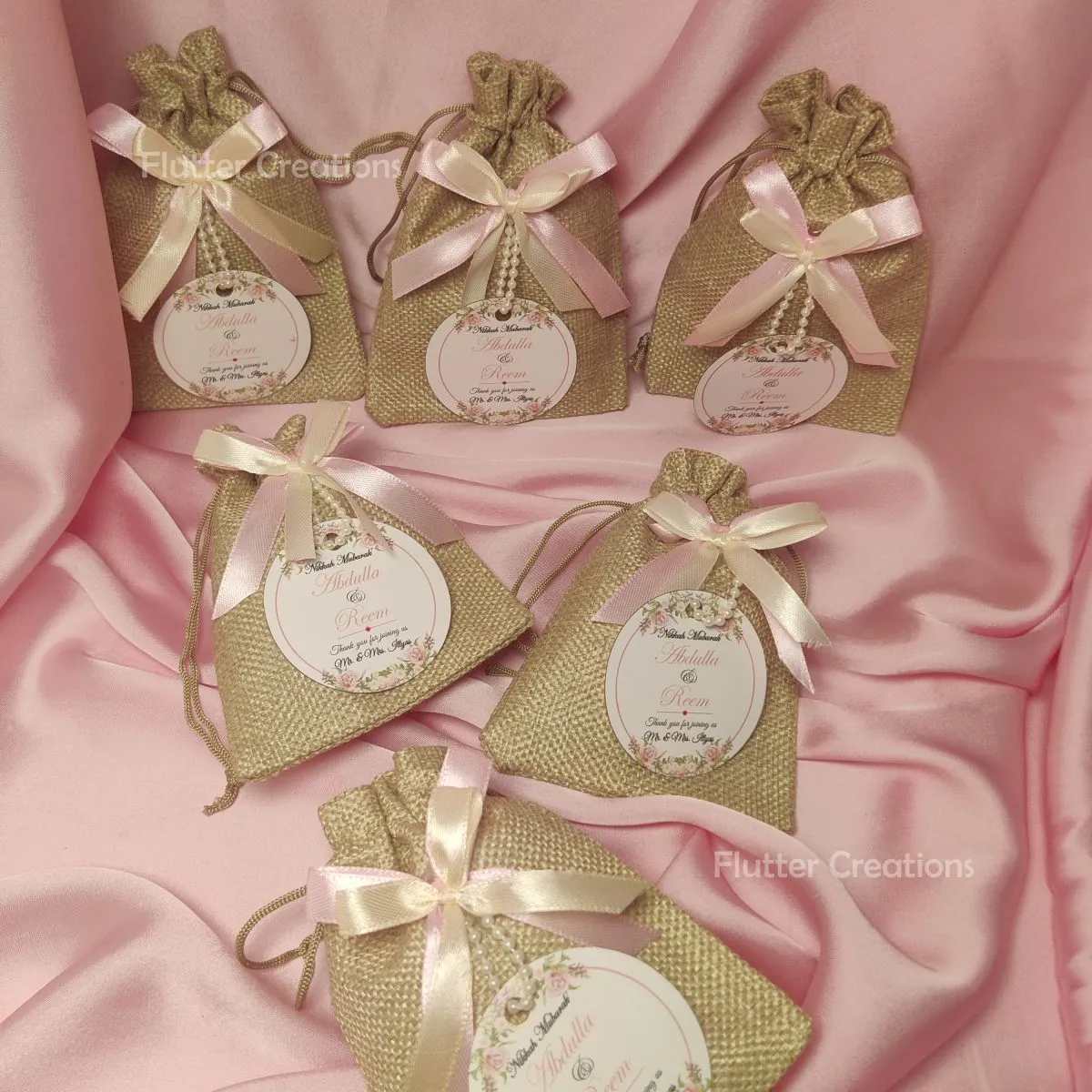 Khaki Jute Pouch with two Ribbons & Tag