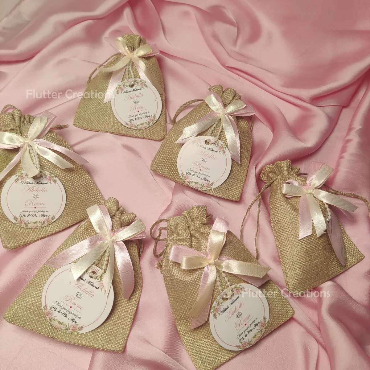 Khaki Jute Pouch with two Ribbons & Tag