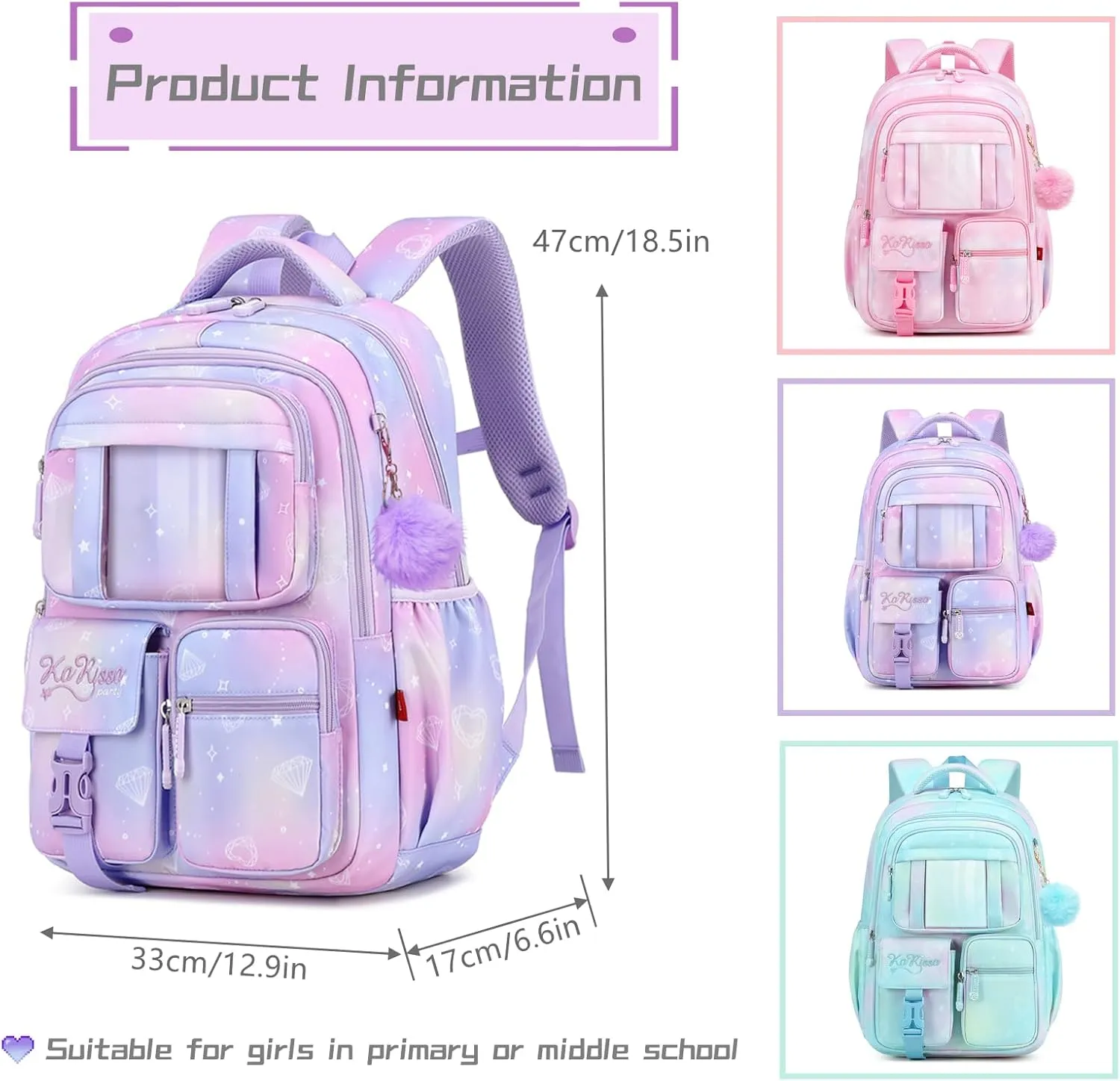 Kids Backpack for Girls, Kawaii Girls Backpack School Bags with Plush Ball Pendant, B05-Pink