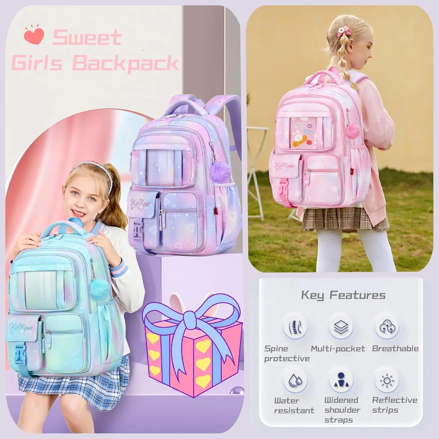 Kids Backpack for Girls, Kawaii Girls Backpack School Bags with Plush Ball Pendant, B05-Pink