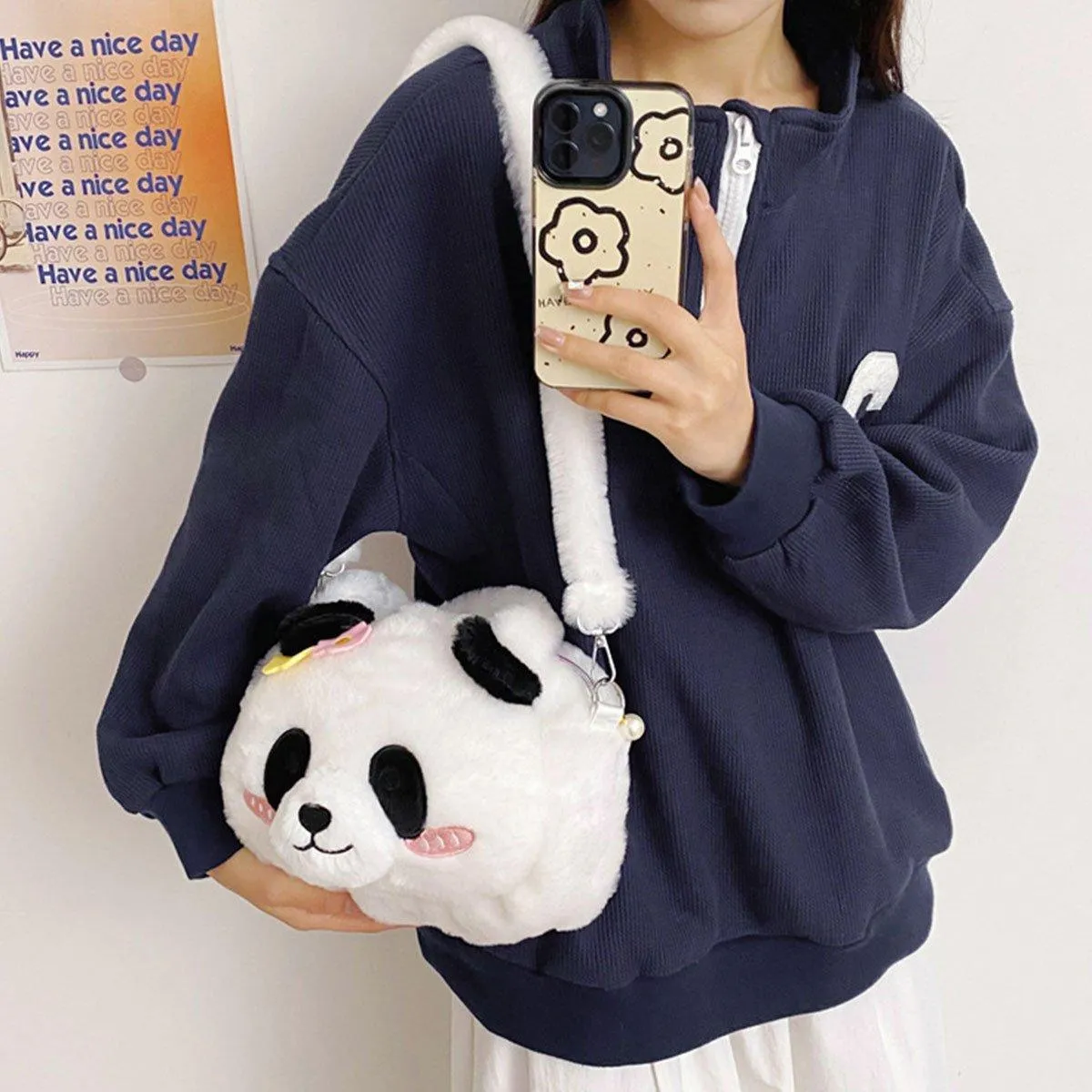 Kids Cartoon Panda Crossbody Bag Plush Ladies Shoulder Bag Cute Panda Design