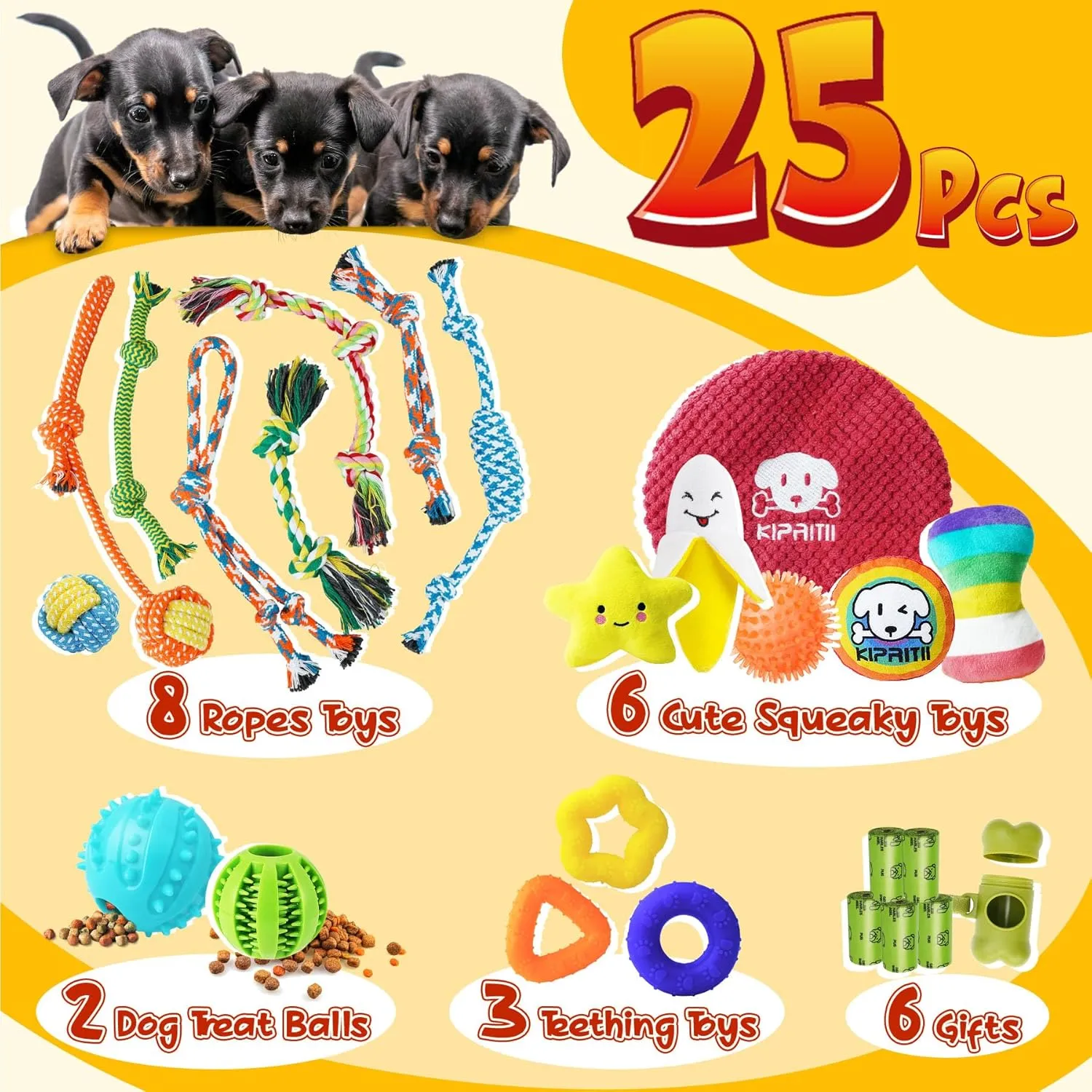 KIPRITII Puppy Toys for Dog Teething-25 Pack Assorted Puppy Chew Toys for Boredom with Rope Toys, Dog Treat Balls for Puppy and Small Dogs