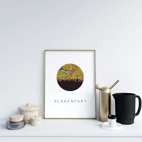 Klagenfurt city skyline with vintage Klagenfurt Austria map
