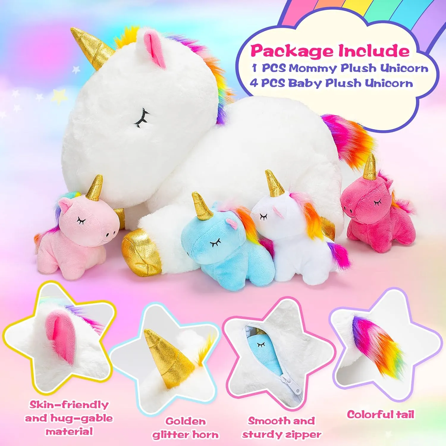 KMUYSL Toys for Girls Ages 3 4 5 6 7 8  Years - Unicorn Mommy Stuffed Animal with 4 Baby Unicorns in Her Tummy, Soft Unicorn Plush Toys Set, Christmas Birthday Gifts for Baby, Toddler, Kids