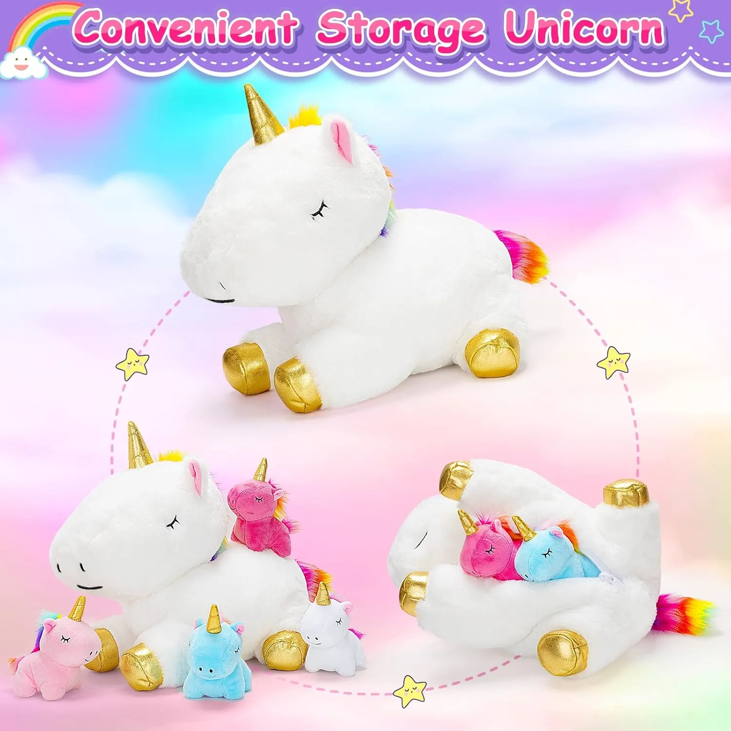 KMUYSL Toys for Girls Ages 3 4 5 6 7 8  Years - Unicorn Mommy Stuffed Animal with 4 Baby Unicorns in Her Tummy, Soft Unicorn Plush Toys Set, Christmas Birthday Gifts for Baby, Toddler, Kids