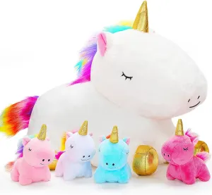 KMUYSL Toys for Girls Ages 3 4 5 6 7 8  Years - Unicorn Mommy Stuffed Animal with 4 Baby Unicorns in Her Tummy, Soft Unicorn Plush Toys Set, Christmas Birthday Gifts for Baby, Toddler, Kids
