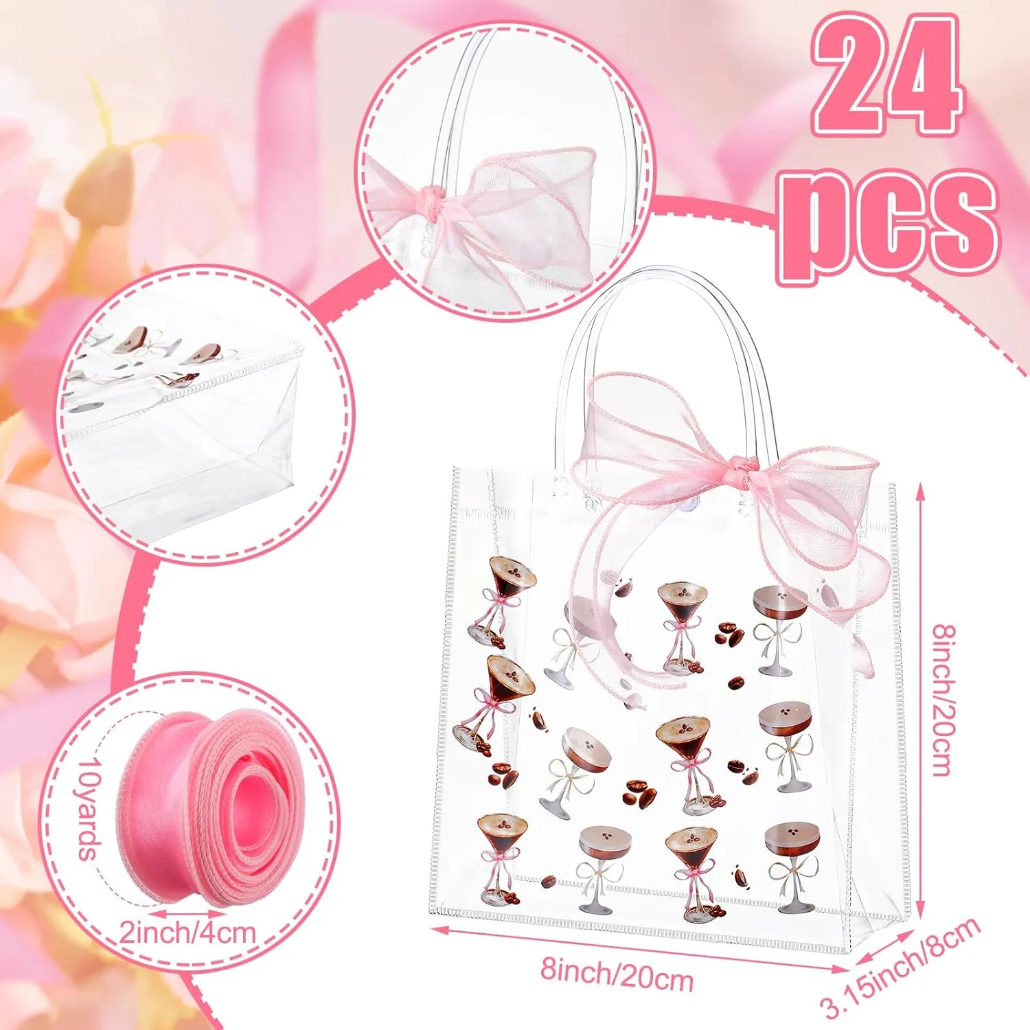 Kolldenn 24 Pcs Large Martini Birthday Gift Bag Bulk Clear Gift Bags with Handles 8 Inches Transparent Glitter Tote with Pink Gauze Belt Reusable PVC Wrap Bag(Dirty,Martini)