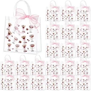 Kolldenn 24 Pcs Large Martini Birthday Gift Bag Bulk Clear Gift Bags with Handles 8 Inches Transparent Glitter Tote with Pink Gauze Belt Reusable PVC Wrap Bag(Dirty,Martini)