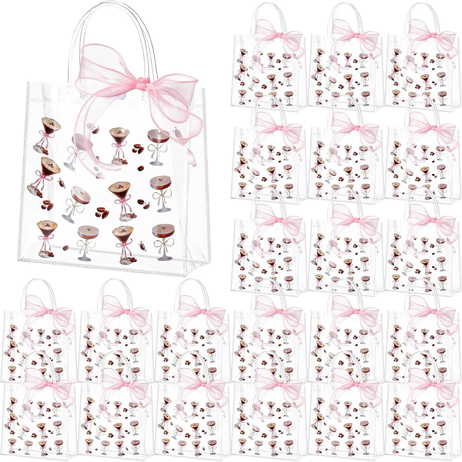 Kolldenn 24 Pcs Large Martini Birthday Gift Bag Bulk Clear Gift Bags with Handles 8 Inches Transparent Glitter Tote with Pink Gauze Belt Reusable PVC Wrap Bag(Dirty,Martini)