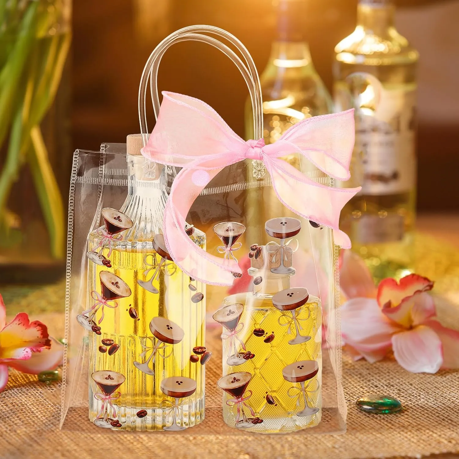 Kolldenn 24 Pcs Large Martini Birthday Gift Bag Bulk Clear Gift Bags with Handles 8 Inches Transparent Glitter Tote with Pink Gauze Belt Reusable PVC Wrap Bag(Dirty,Martini)