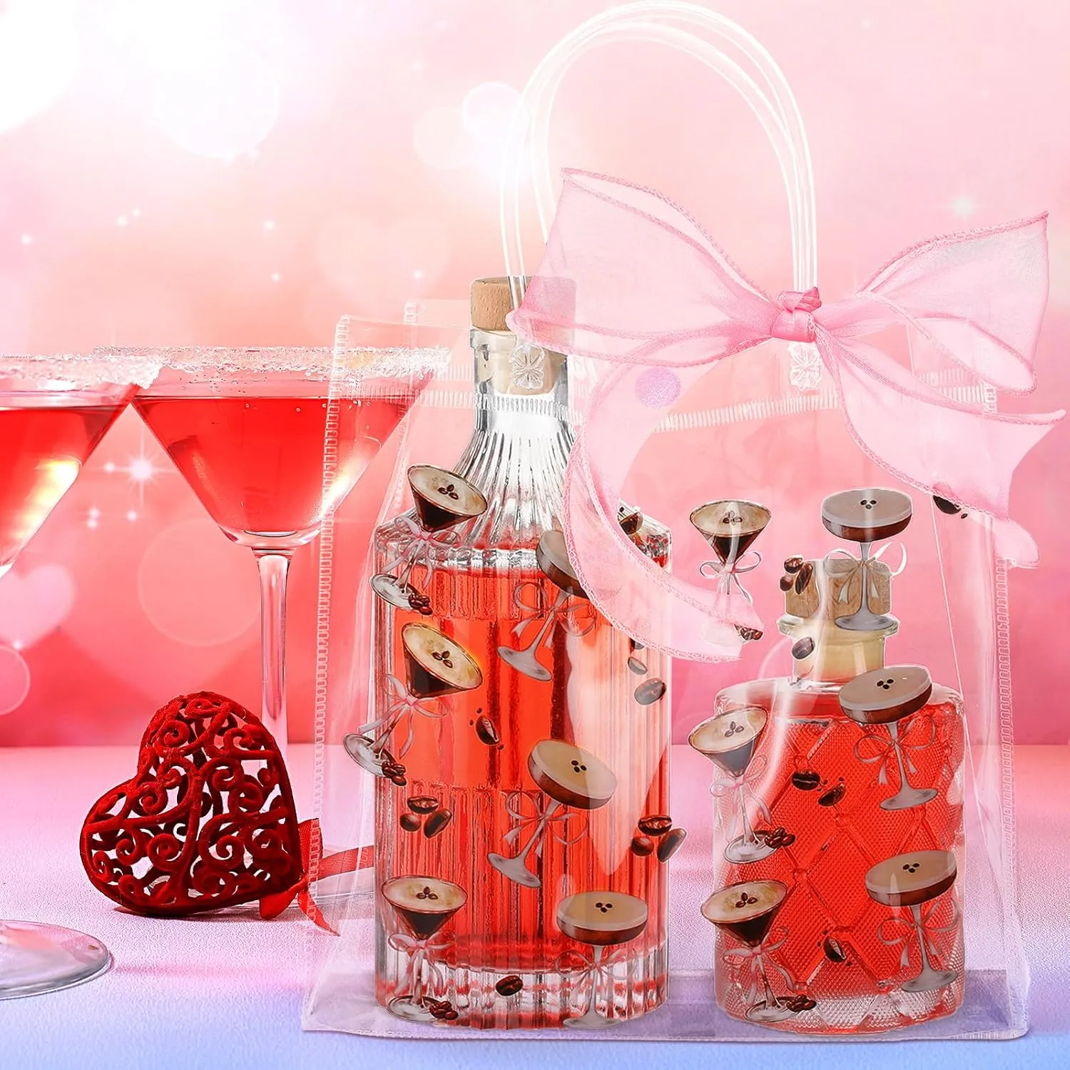 Kolldenn 24 Pcs Large Martini Birthday Gift Bag Bulk Clear Gift Bags with Handles 8 Inches Transparent Glitter Tote with Pink Gauze Belt Reusable PVC Wrap Bag(Dirty,Martini)