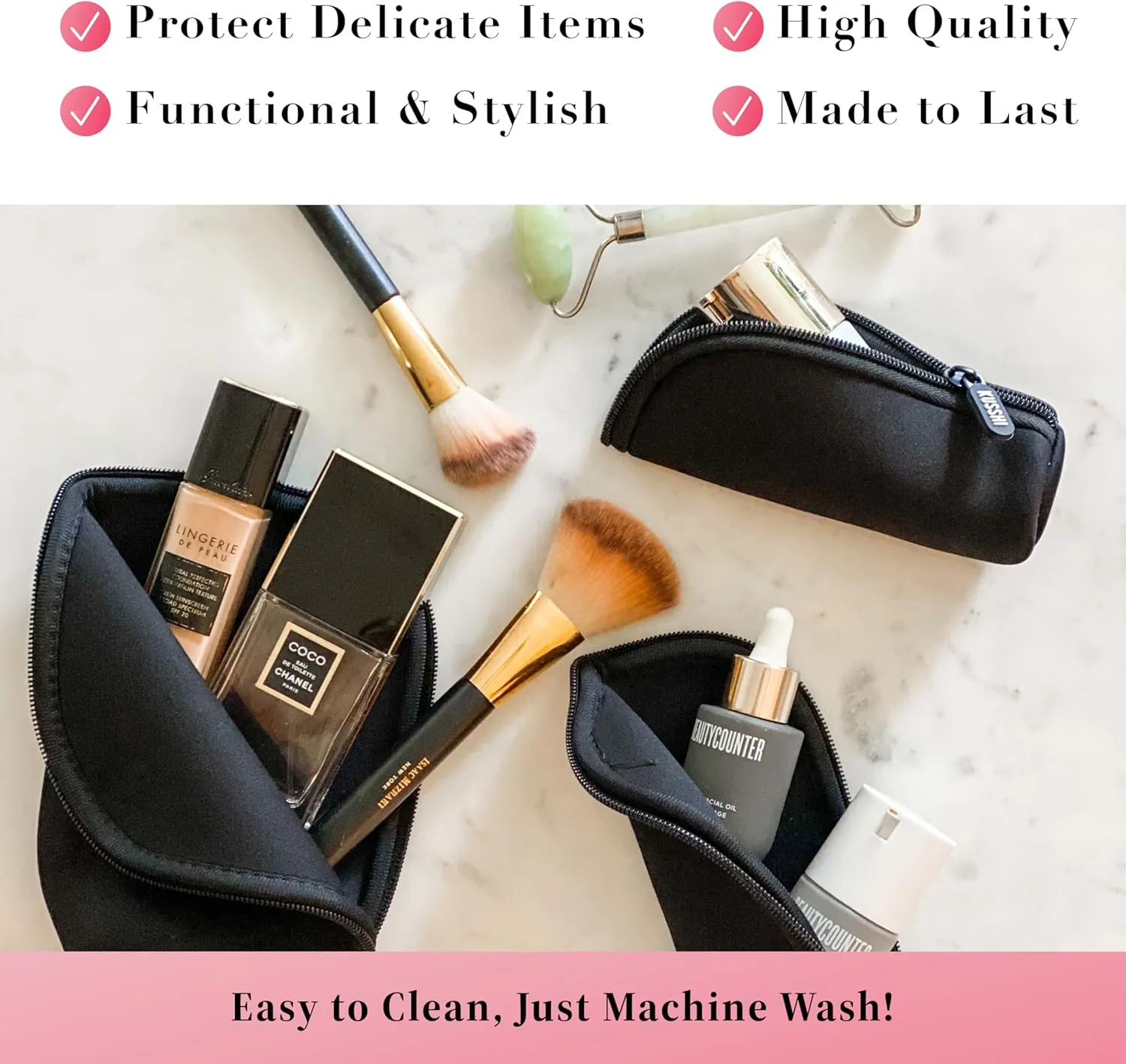 KUSSHI Neoprene Mini Makeup Pouch for Purse and Travel - Small Travel Pouch for Delicate Bottles and Beauty Items - For Foundations, Serums, Perfumes and More - Small Purse Pouch (Size S, Black)