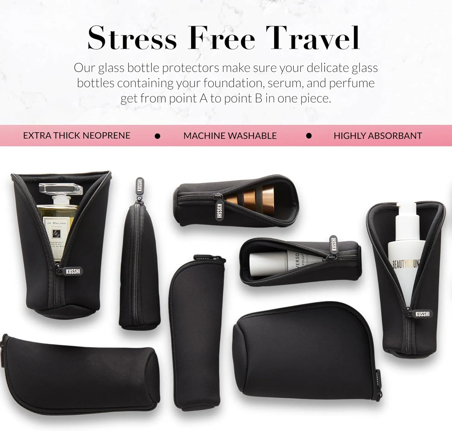 KUSSHI Neoprene Mini Makeup Pouch for Purse and Travel - Small Travel Pouch for Delicate Bottles and Beauty Items - For Foundations, Serums, Perfumes and More - Small Purse Pouch (Size S, Black)