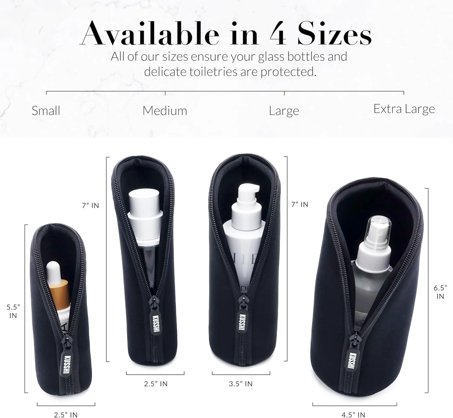 KUSSHI Neoprene Mini Makeup Pouch for Purse and Travel - Small Travel Pouch for Delicate Bottles and Beauty Items - For Foundations, Serums, Perfumes and More - Small Purse Pouch (Size S, Black)