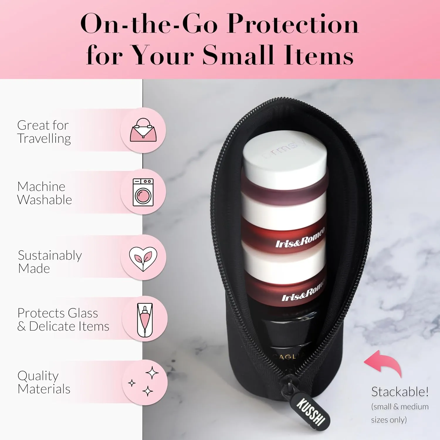 KUSSHI Neoprene Mini Makeup Pouch for Purse and Travel - Small Travel Pouch for Delicate Bottles and Beauty Items - For Foundations, Serums, Perfumes and More - Small Purse Pouch (Size S, Black)
