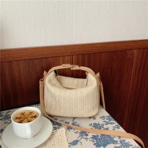 Ladies boho style knitted straw crossbody bag bucket design with zipper closure