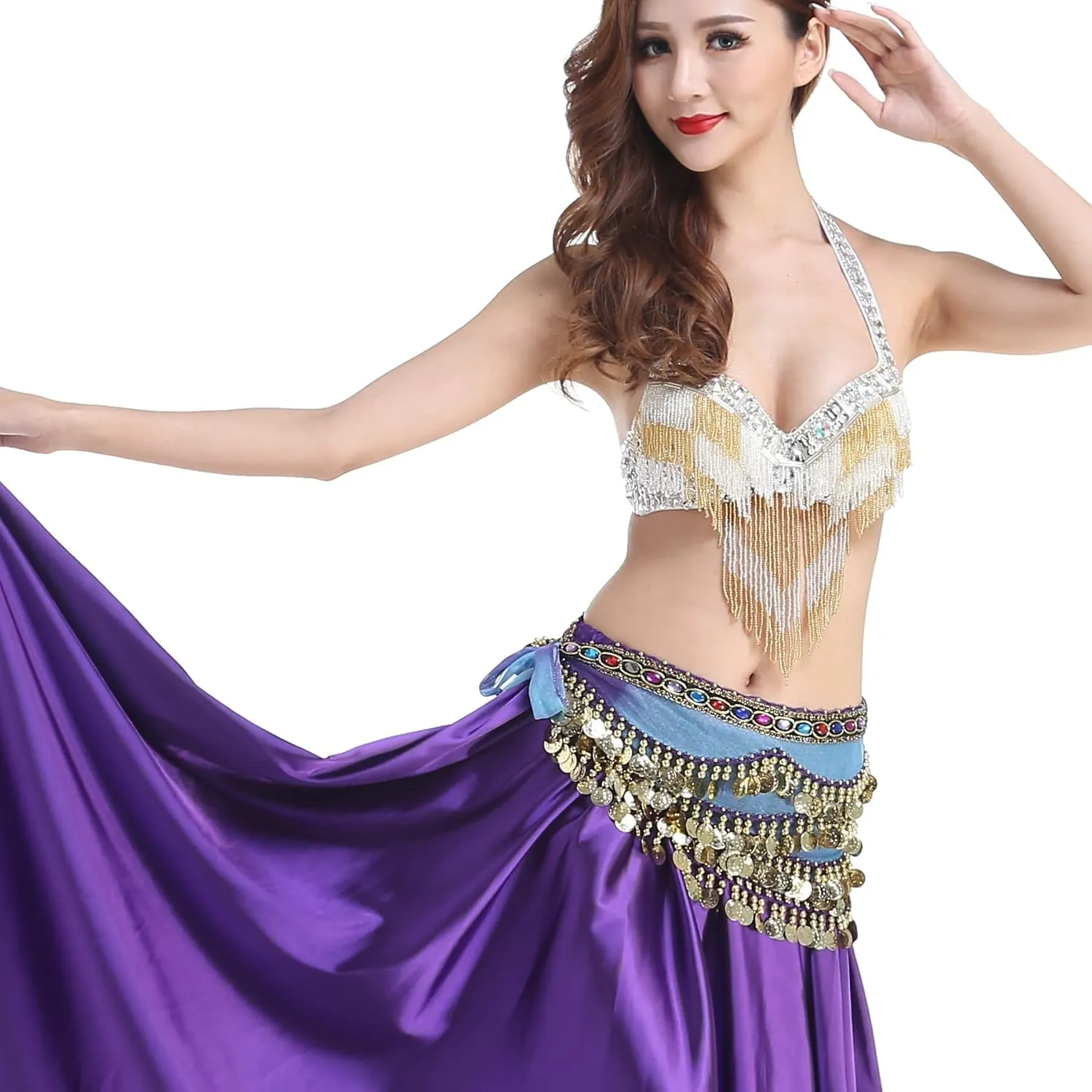 Lady's Wave Shape Belly Dance Hip Scarf Skirt with Gold Coins Chiffon Belly Dancing Gradual Colorful Belt Accessory