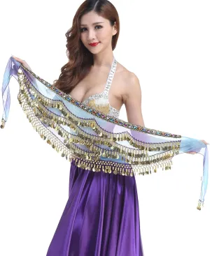 Lady's Wave Shape Belly Dance Hip Scarf Skirt with Gold Coins Chiffon Belly Dancing Gradual Colorful Belt Accessory