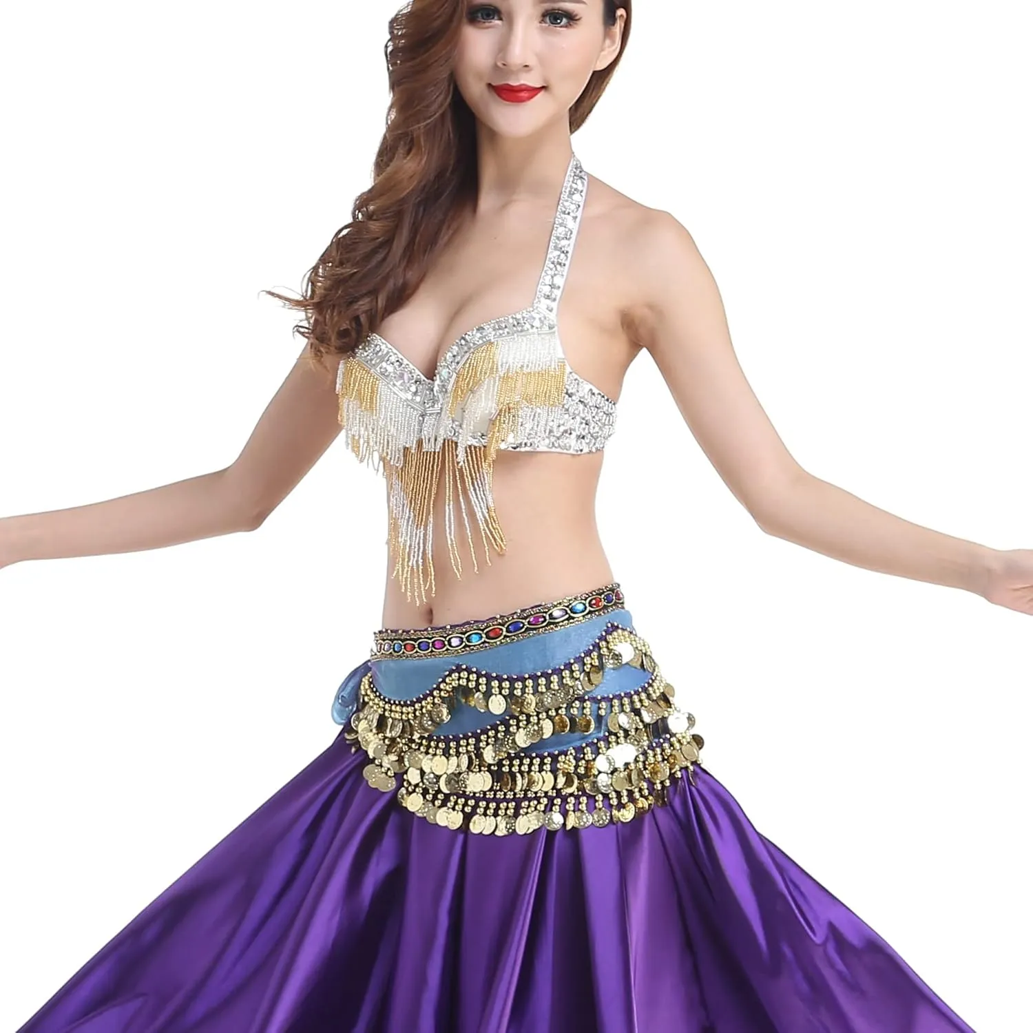 Lady's Wave Shape Belly Dance Hip Scarf Skirt with Gold Coins Chiffon Belly Dancing Gradual Colorful Belt Accessory