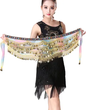 Lady's Wave Shape Belly Dance Hip Scarf Skirt with Gold Coins Chiffon Belly Dancing Gradual Colorful Belt Accessory