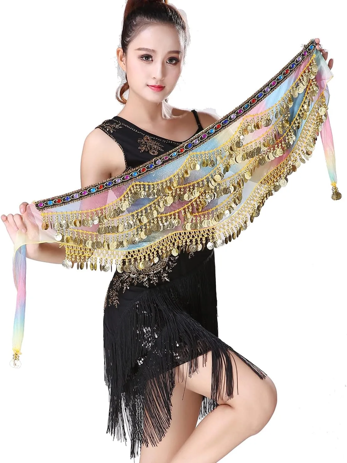 Lady's Wave Shape Belly Dance Hip Scarf Skirt with Gold Coins Chiffon Belly Dancing Gradual Colorful Belt Accessory