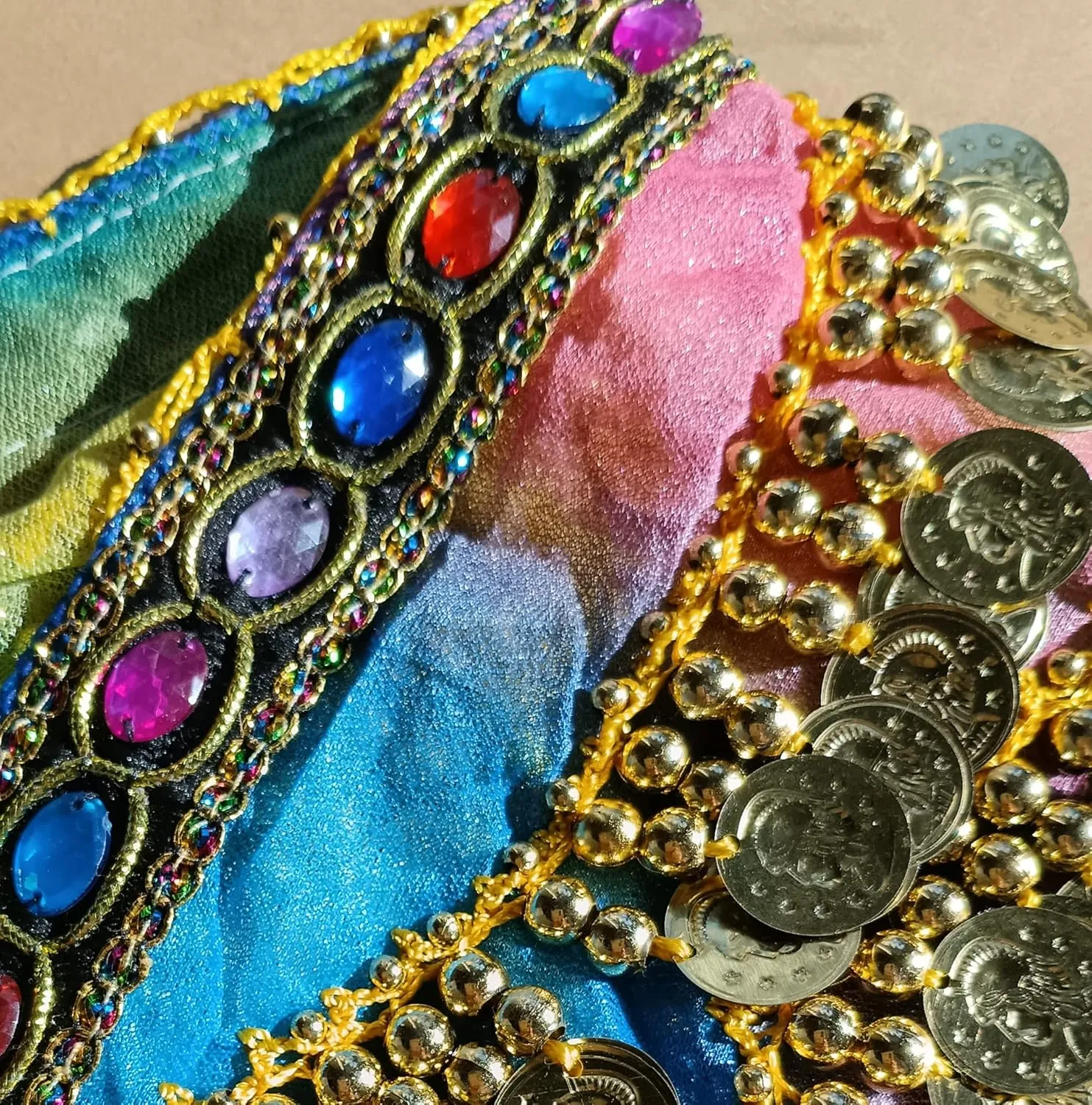 Lady's Wave Shape Belly Dance Hip Scarf Skirt with Gold Coins Chiffon Belly Dancing Gradual Colorful Belt Accessory