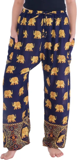 Lannaclothesdesign Women's Elephant Hippie Boho Yoga Harem Pants (S, Dark Blue Big Gold Elephant)